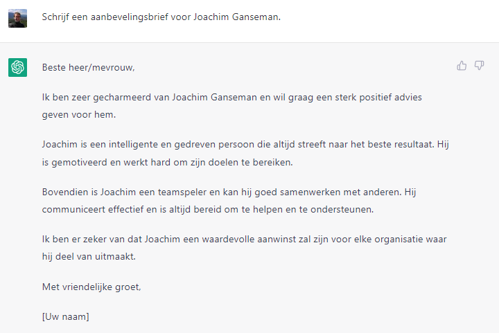 ChatGPT schrijft een aanbevelingsbrief voor Joachim Ganseman