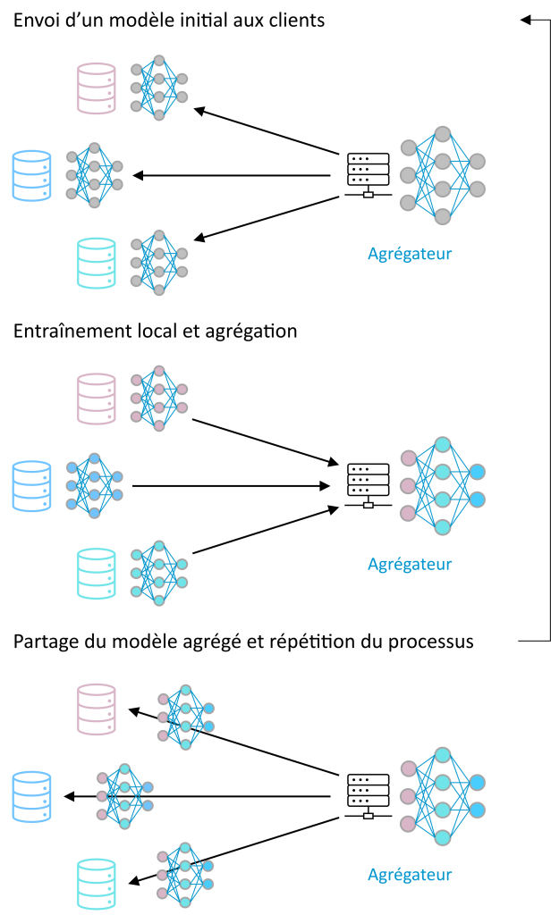 Exemple d’apprentissage fédéré centralisé : un serveur central orchestre l’apprentissage, permettant un protocole relativement simple. Dans le cas non-centralisé, les participants s’envoient des modèles partiels en pair-à-pair.